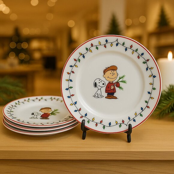 Peanuts Christmas Salad Plates Set of 4 | Charlie Brown & Snoopy Holiday Lights - Picture 2 of 4